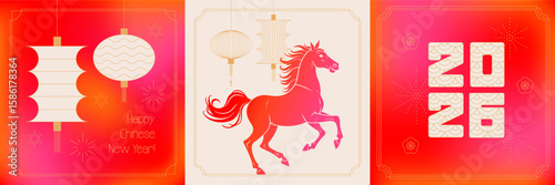 Set of Chinese new year 2026 banners. Geometric linear art. Red traditional Chinese designs with horse, lanterns, fireworks, decorations. Lunar new year concept, modern vector