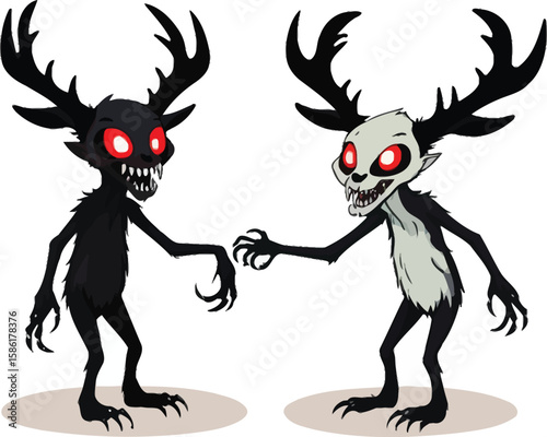 Creepy Deer Monster Cartoon Vector - Spooky Halloween Graphics for Kids, Game Assets, and Fantasy Illustrations, featuring two stylized creatures with red glowing eyes and sharp teeth.