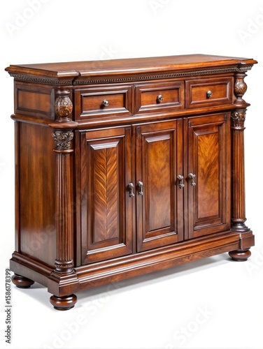 Elegant Wood Credenza with Drawers and Doors on White Background