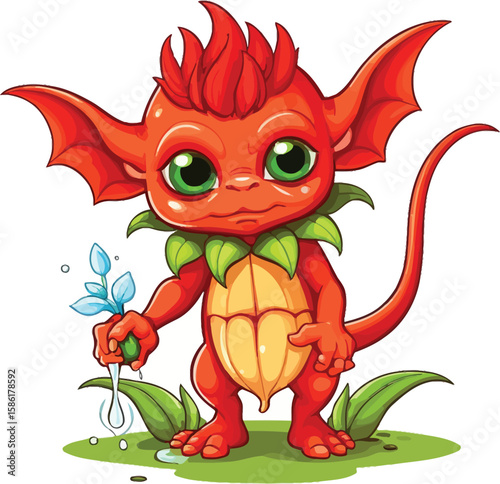 Cute Cartoon Dragon Character Holding a Sapling - Vector Illustration for Children's Books, Educational Materials, and Fantasy Art, depicting innocence and growth