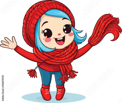 Cheerful Winter Girl Vector Illustration - Cute Cartoon Character for Holiday Greeting Cards, Children's Books, and Seasonal Designs, featuring a happy young girl dressed for cold weather.