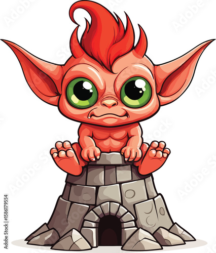 Adorable Cartoon Goblin Vector Illustration - Cute Fantasy Character Sitting atop a Stone Tower, Ideal for Children's Books, Game Assets, and Educational Material