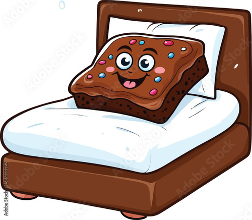Cartoon Brownie Character Relaxing in Bed - Cute Food Illustration for Children's Books, Animated Content, and Educational Materials.