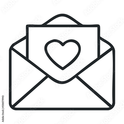 Heart icon on envelope illustrating love and romance in minimalist style. Outline vector illustration