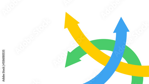 Three colorful curved arrows cross and continue in different directions, representing diverging paths, strategic alternatives, changing routes, and different future outcomes.