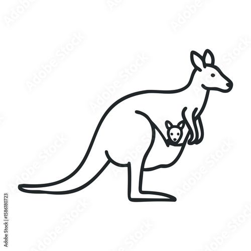 Simple kangaroo outline with joey in pouch. Outline vector illustration