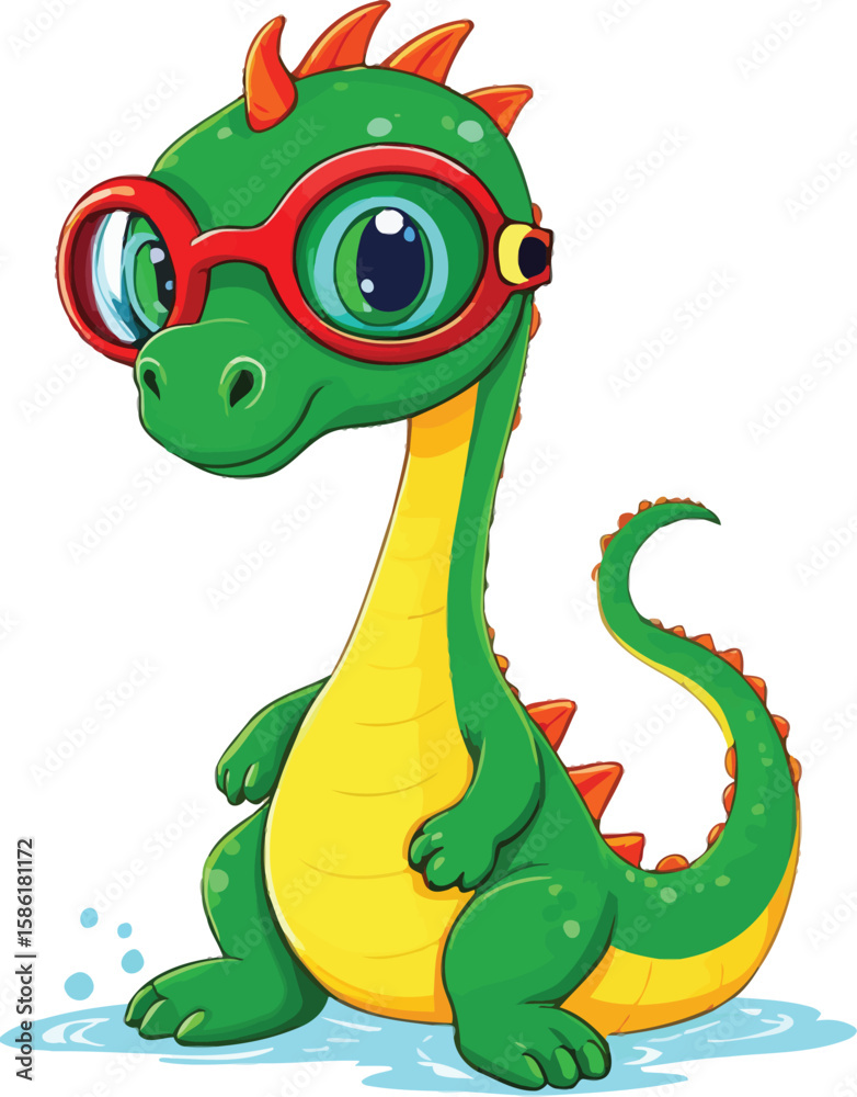 Naklejka premium Cute Cartoon Dragon Vector Illustration with Glasses - Playful Character for Children's Books, Educational Material, and Animation Projects; Cheerful and Whimsical Design.