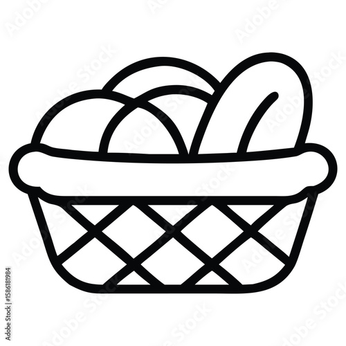 Wicker basket filled with bread loaf outline drawing illustration icon