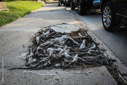 Photography a tree removed with compacted roots on a downtown sidewalk