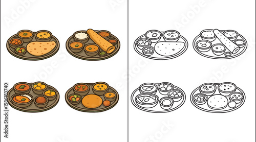 Vector Illustrations of Regional Indian Thalis – North, South, East, and West Cuisine Sets