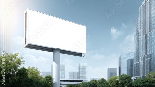 Wallpaper Mural Large blank billboard sign mounted on pole in cityscape with modern buildings and trees. Torontodigital.ca
