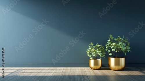 Minimalist indoor scene with two potted green plants on wooden floor against blue wall lighting.