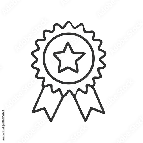 Simple line art vector of an award ribbon with a star in the center. Perfect for concepts like achievement, recognition, winner badge, best quality, certification, first place, competition, or excelle