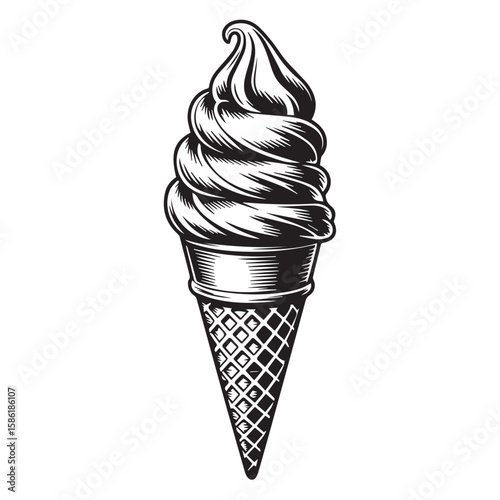 Vector art of a vintage black and white ice cream cone isolated on white background is a classic design