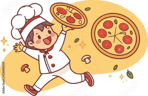 Happy cartoon chef with pizza and mushrooms isolated on transparent background