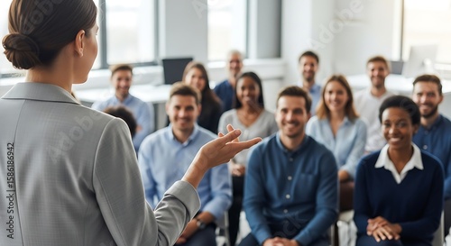 Business presentation featuring a diverse audience and a confident female leader presenting during corporate training.