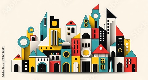 A whimsical abstract cityscape composed of colorful geometric shapes and architectural elements, creating a playful and modern design