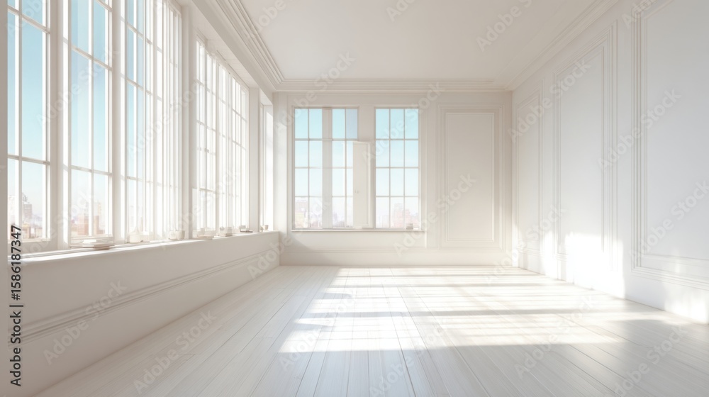 Fototapeta premium Bright Spacious Empty Room with Large Windows Natural Light Bright Interior.