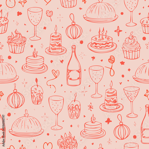Romantic seamless pattern with cakes, wine, hearts, presents and festive treats. Perfect for Valentine's Day, party designs and celebration-themed projects