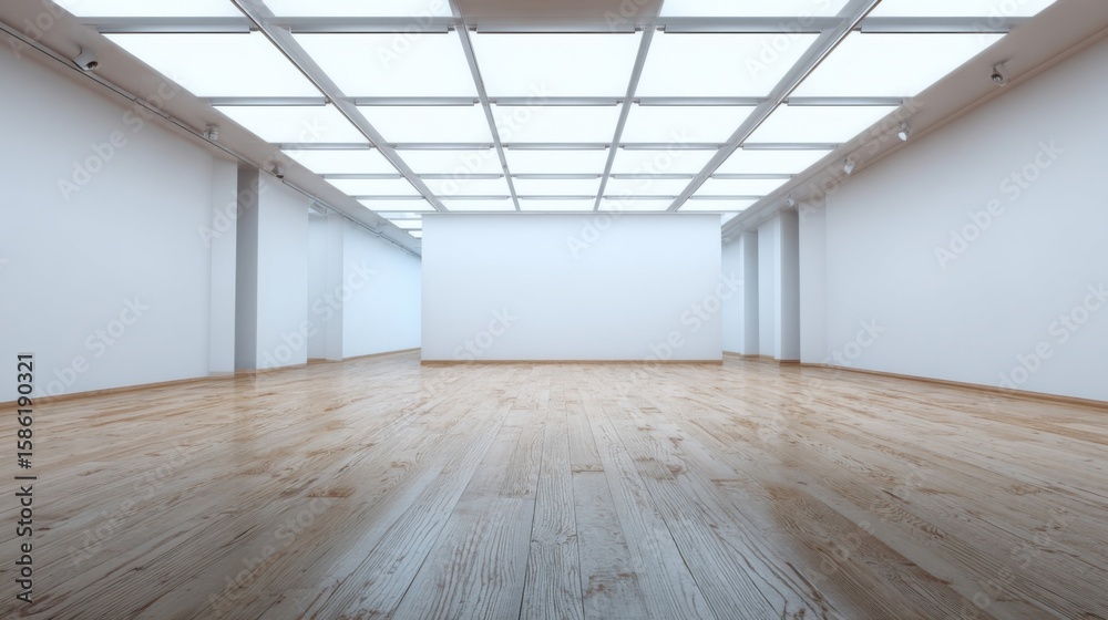 Fototapeta premium Spacious Modern Art Gallery Interior with Bright Lighting and Wooden Floor.