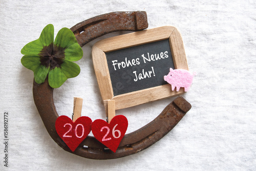 Happy New Year2026 Decoration with hearts horseshoe four leaf clover and number 2026