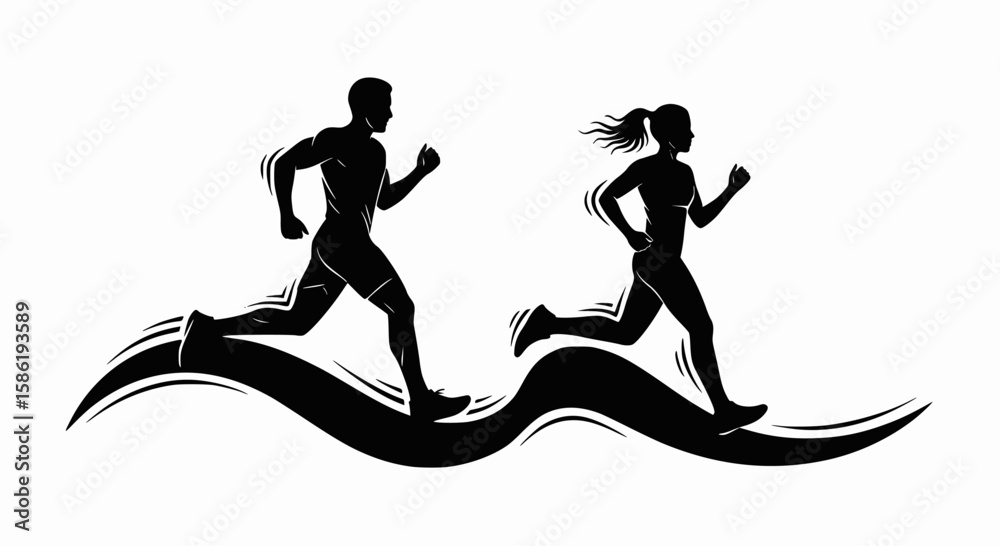 Running man and woman, isolated vector silhouettes. Run, side view. Silhouettes of athletic looking male and female runners running. EPS 10 version. Running man and woman, isolated vector silhouettes. Run, side view. Silhouettes of athletic looking male and female runners running. EPS 10 version.