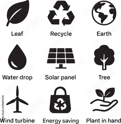 Leaf recycle earth water drop solar panel tree wind turbine plant vector