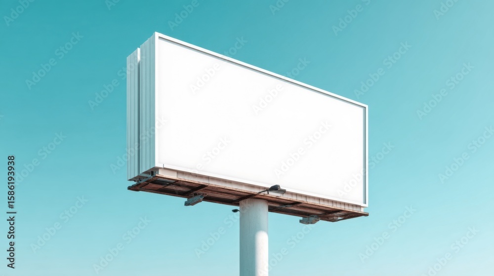 Obraz premium Large Empty White Billboard Signboard on Tall Pole Under Clear Blue Sky.