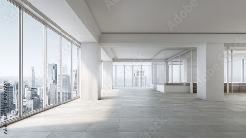 Spacious Modern Office Interior with Floor to Ceiling Windows and City View.
