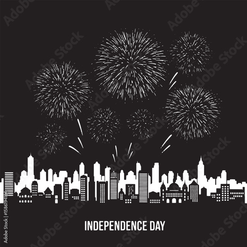City skyline silhouette with fireworks exploding above, celebrating Independence Day in a festive display.
