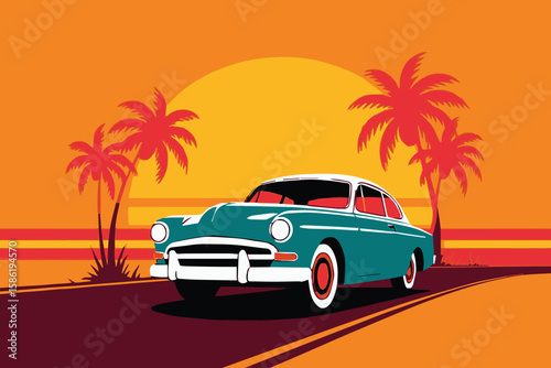 vibrant retro car graphic with tropical sunset and palm trees for travel, summer and beach projects