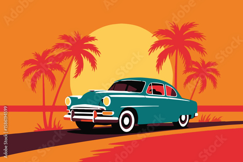 colorful vintage car vector design featuring palm trees and sunset for vacation and adventure themes