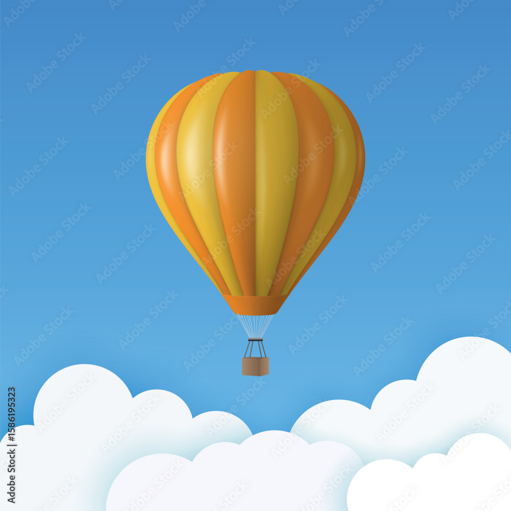 Naklejka premium Vector Travel Banner with 3d Realistic Hot Air Balloon Icon on a Blue Sky Background. Design Template, Summer Vacation, Travelling, Tourism and Journey Concept