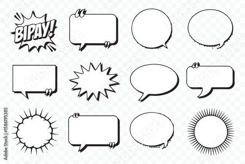 editable comic speech balloon vector pack with onomatopoeia shapes for cartoon designs, marketing, and branding