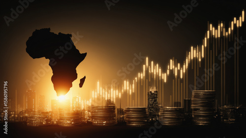 Africa silhouette with rising graph and coins symbolizes investment growth and economic potential. image conveys optimism and opportunity
