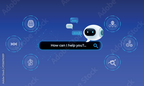 Futuristic AI virtual assistant for customer service, chatbot technology, includes options buttons. Futuristic smart search automation, AI chatbot, digital business support, futuristic AI. Purple