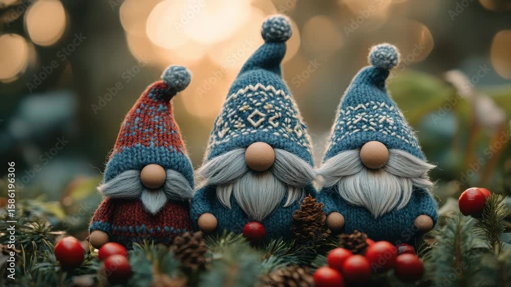 Festive gnomes celebrating in cozy winter wonderland with natural backdrop video