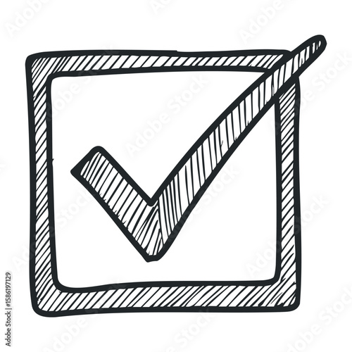 Sketched checkbox with check mark in black and white line art style. Hand drawn vector illustration