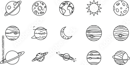 Vector art of a celestial array of outline icons depicting planets, moons, and the sun, representing the wonders of space and astronomy isolated on white background