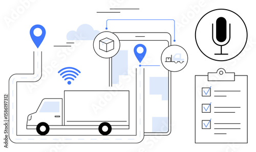 Truck along mapped route with location pins, tablet screen, microphone symbol, checklist. Ideal for logistics, delivery, tracking, digital tools, inventory shipping tutorials simple landing page
