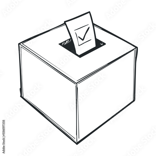 Hand-drawn ballot box with check mark on voting paper. Hand drawn vector illustration