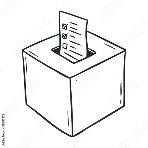 Hand-drawn ballot box with voting paper checklist in black outline style. Hand drawn vector illustration