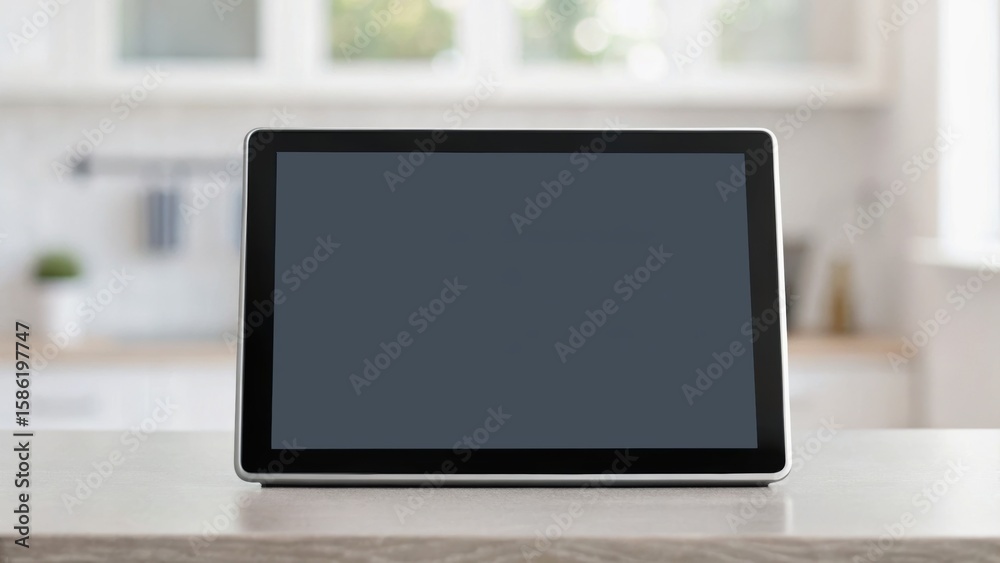 Fototapeta premium A tablet on a kitchen countertop with a blurred background, emphasizing a modern and minimalist design.