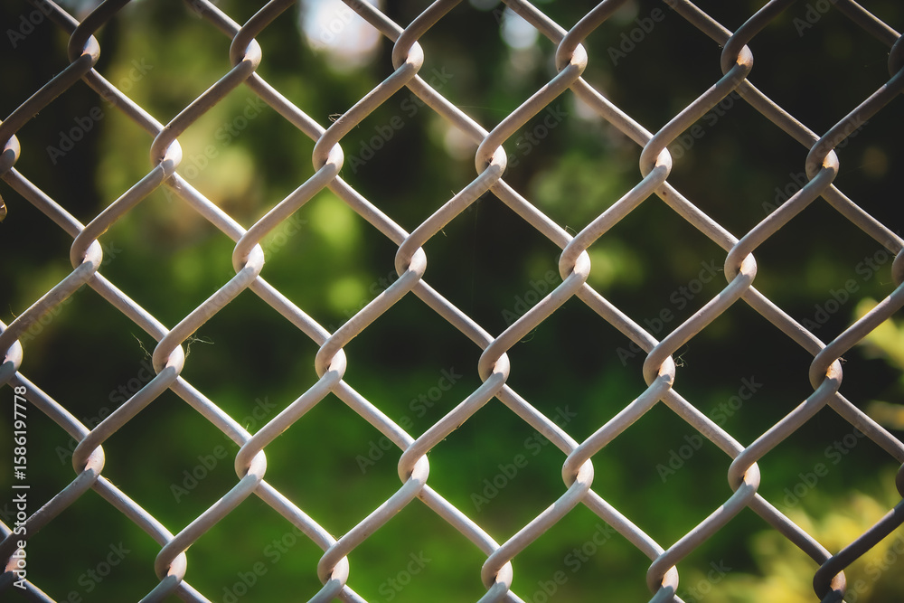 Fototapeta premium close-up view of a chain-link fence set against a blurred green landscape background. abstract texture and concept of barrier or security. field surround with dappled sunlight.