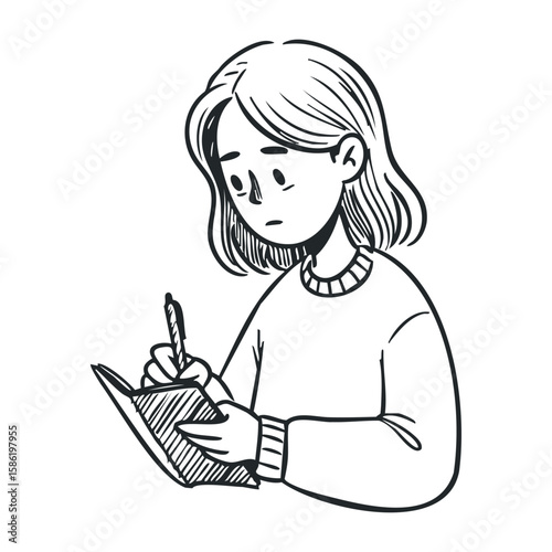 Young caucasian female writing in journal with thoughtful expression. Hand drawn vector illustration