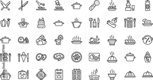 Vector art of a delectable assortment of outlined food and cooking icons, including pots, pans, and utensils, perfect for adding a culinary touch to any design
