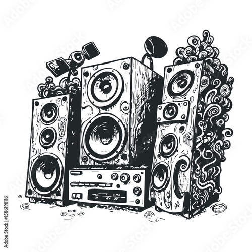 Intricate audio system art with tower speakers and vintage details. Hand drawn vector illustration