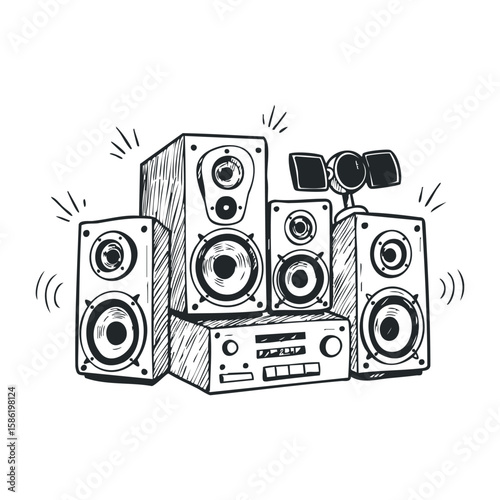 Hand-drawn audio system with speakers and receiver illustration. Hand drawn vector illustration