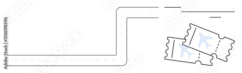 Two airplane tickets beside a minimalistic flight path. Ideal for travel, vacation planning, tourism, flight booking, wanderlust, global exploration, and transportation. Simple flat metaphor