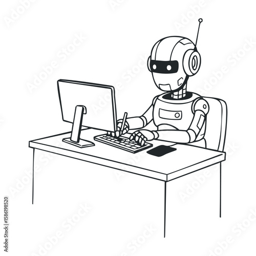 Robot writing at desk with computer in black and white line art style. Hand drawn vector illustration